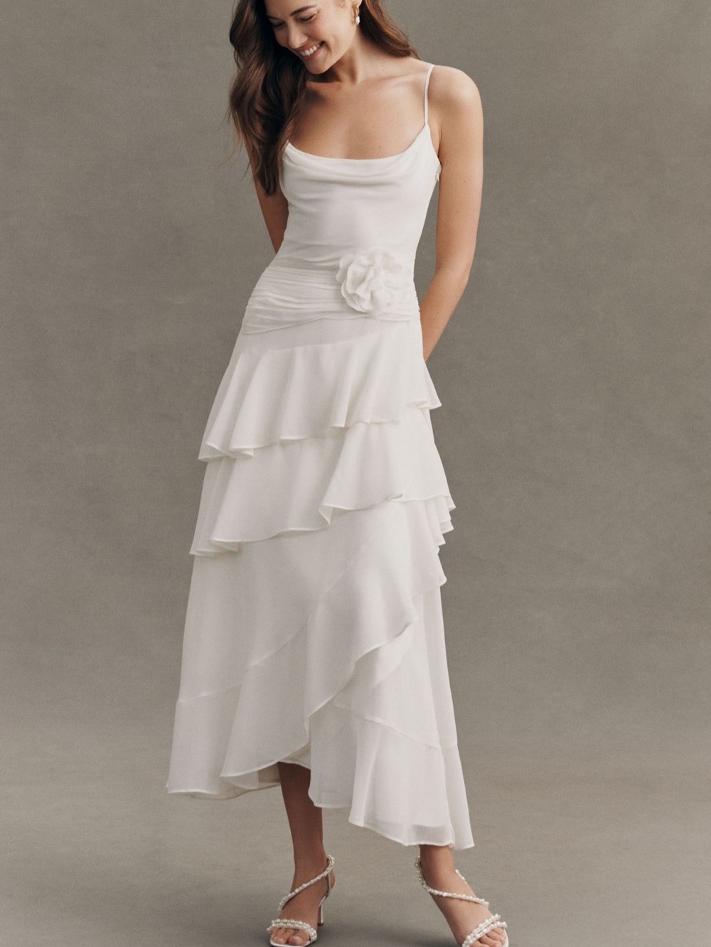 BHLDN White Tiered Ruffle Slip Dress with Floral Waist
